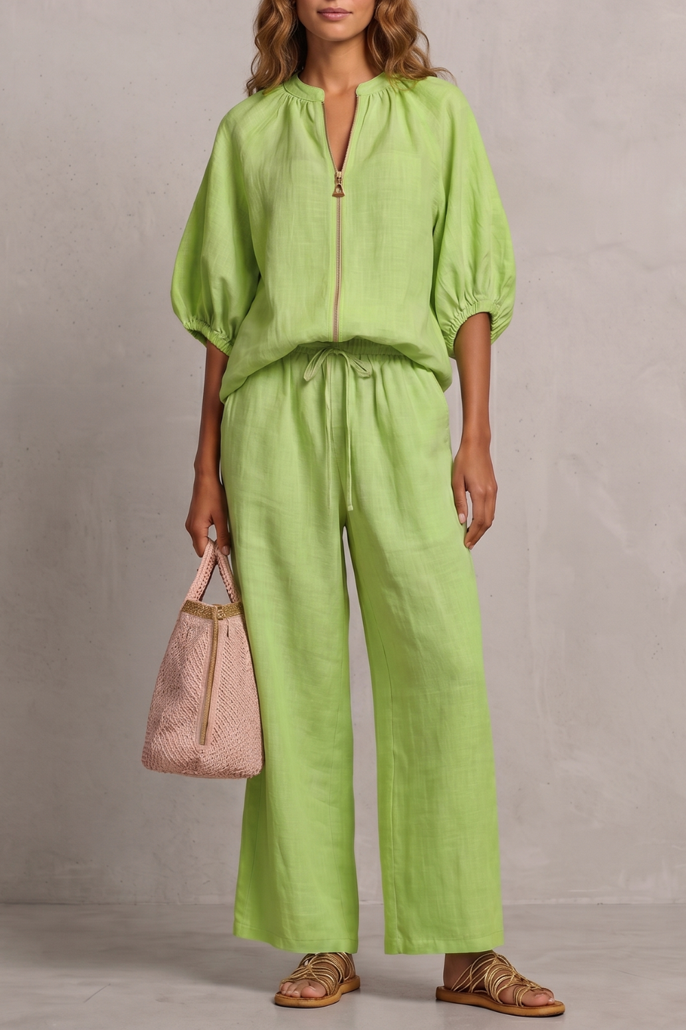Pink colorway of the zip-front puff sleeve pants set, full-length view