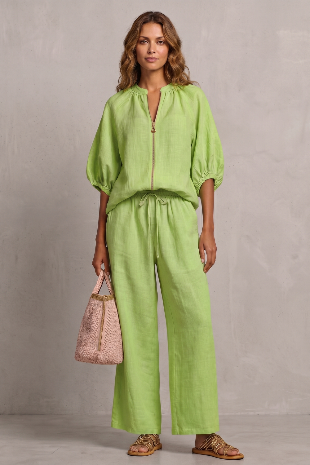 Apricot colorway of the zip-front top and wide-leg pants set, full-length view