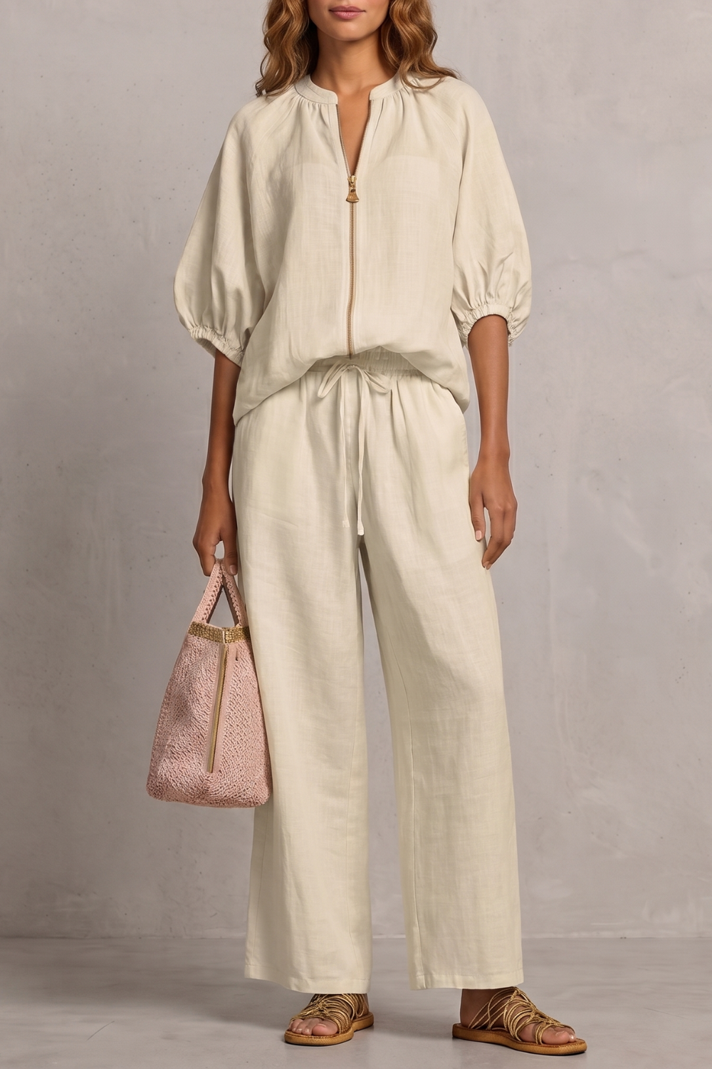 Seated view of the relaxed zip-front top and wide-leg pants set