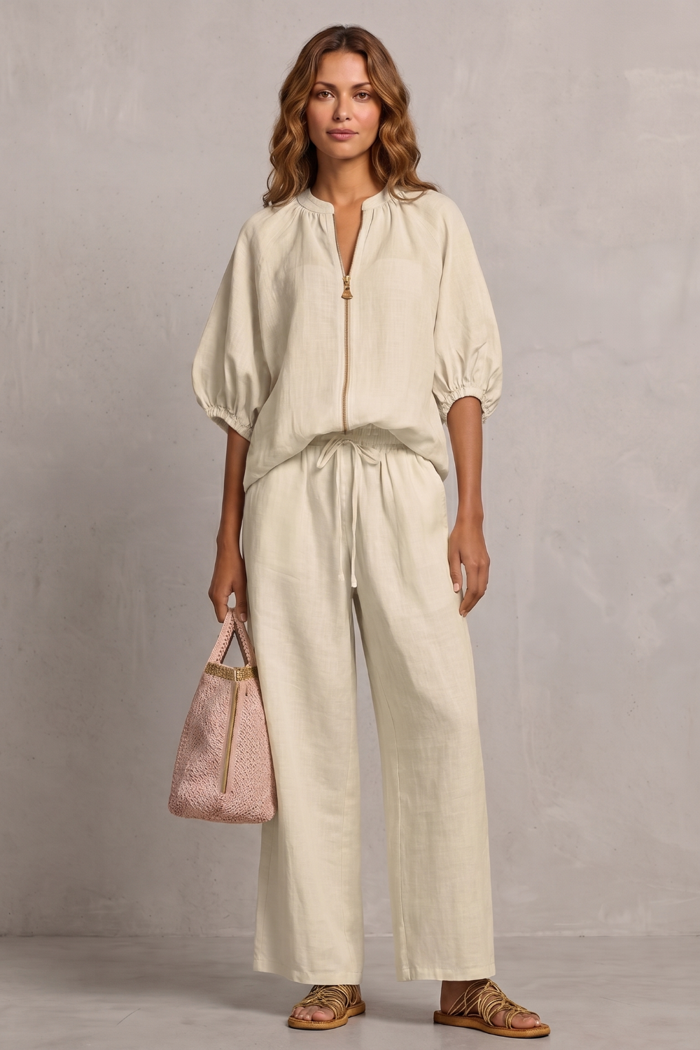 Movement shot showing the flow of the wide-leg pants