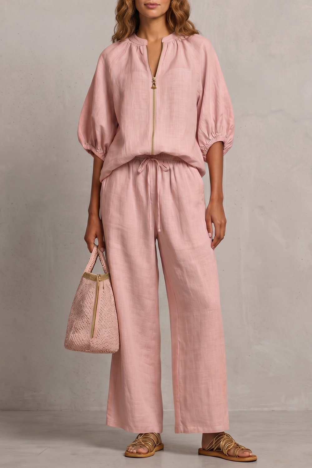 Zip-front pants set styled with woven sandals and a textured tote