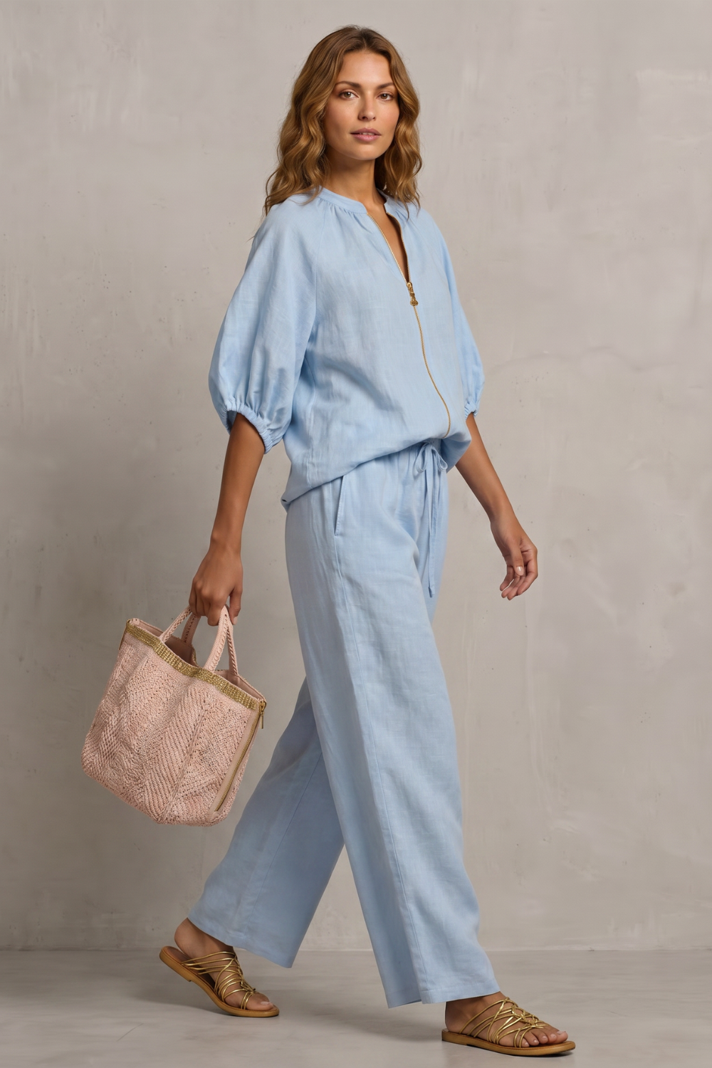Back view of the puff sleeve top and wide-leg pants set