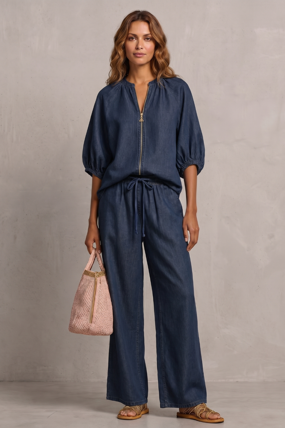 Light Blue colorway of the zip-front top and wide-leg pants set, full-length view