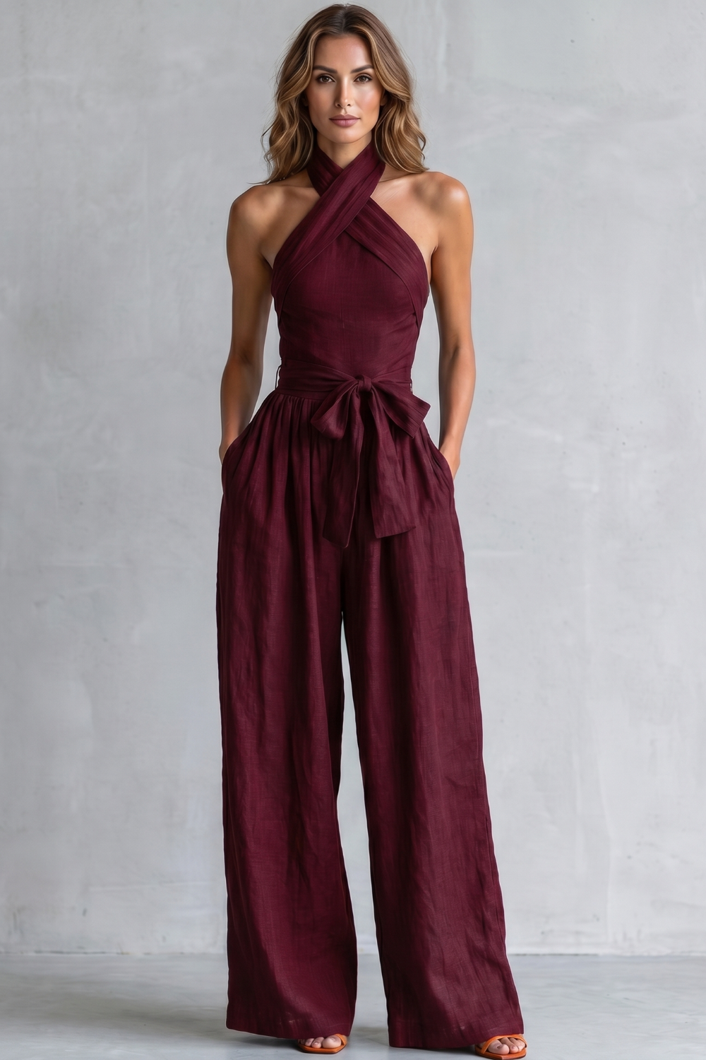 Blue colorway of the cross-halter jumpsuit, full-length view