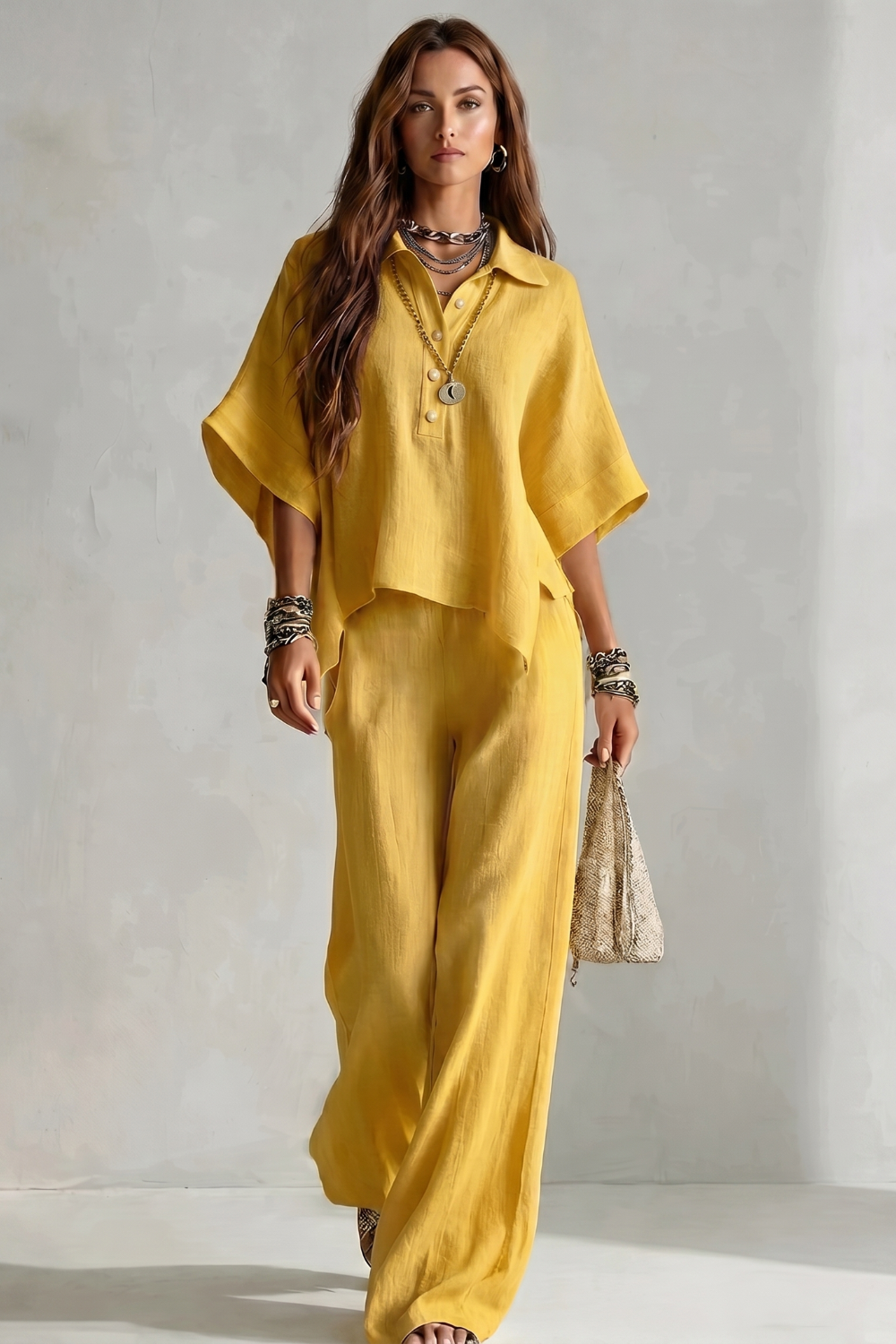 Full-length styled view of the short-sleeve shirt and pants set