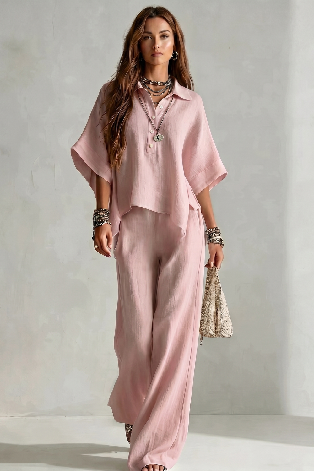 Set styled with woven sandals and a textured tote bag