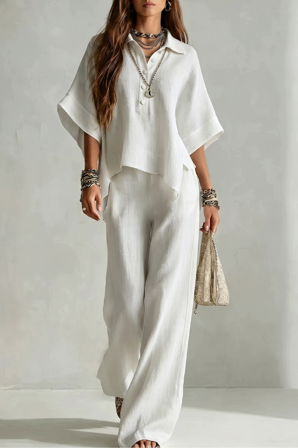Women's short-sleeve shirt and wide-leg pants set, front view