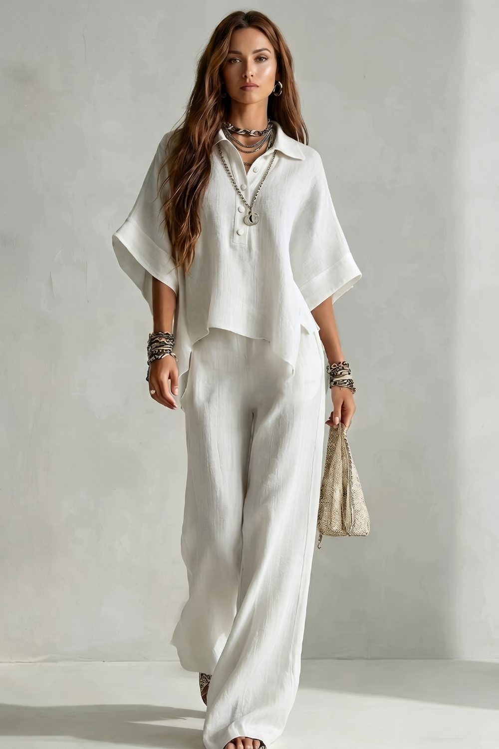Side view of the relaxed short-sleeve shirt and wide-leg pants