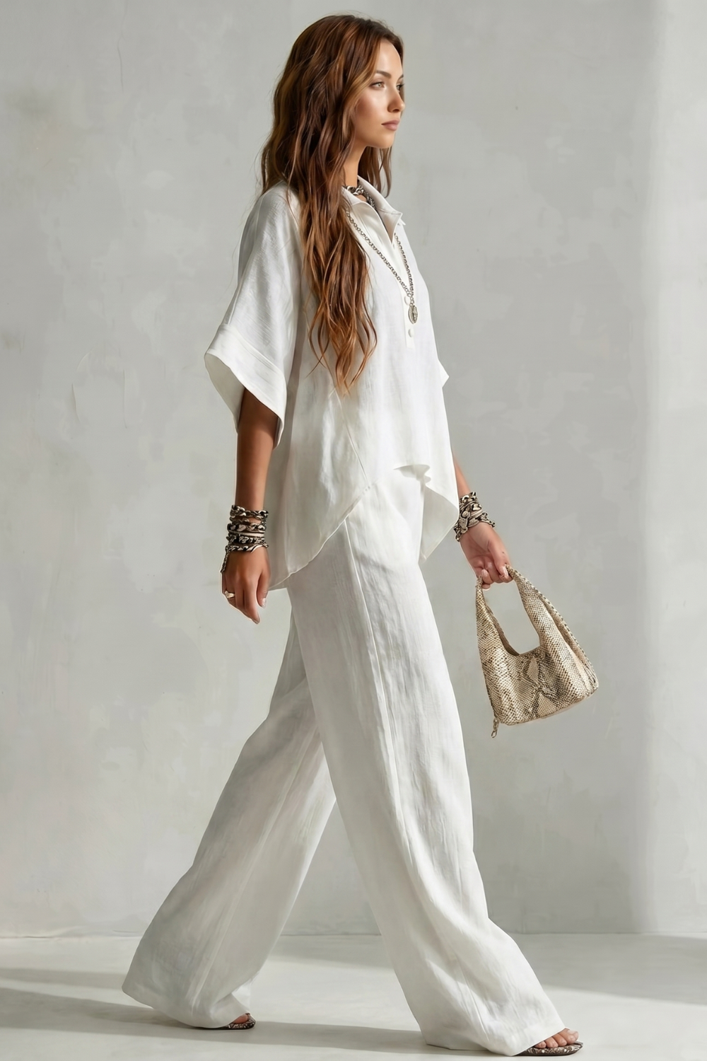 Back view of the two-piece resort shirt and pants set