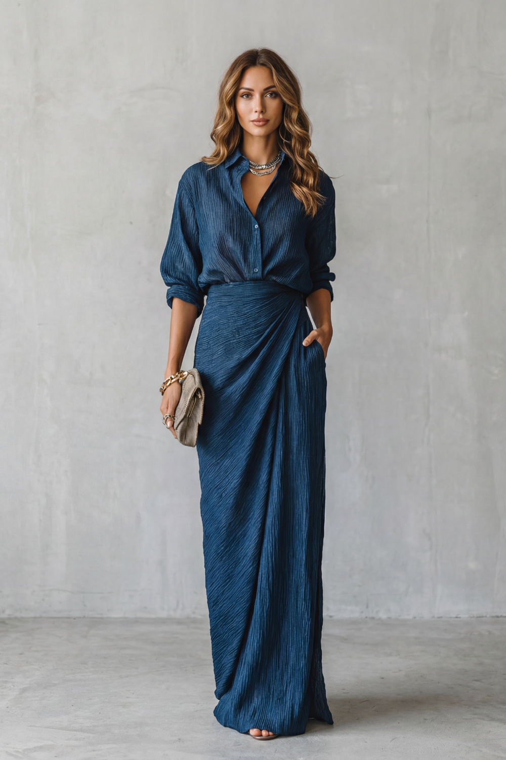 Side view of the crinkled pleat blouse and wrap-effect maxi skirt