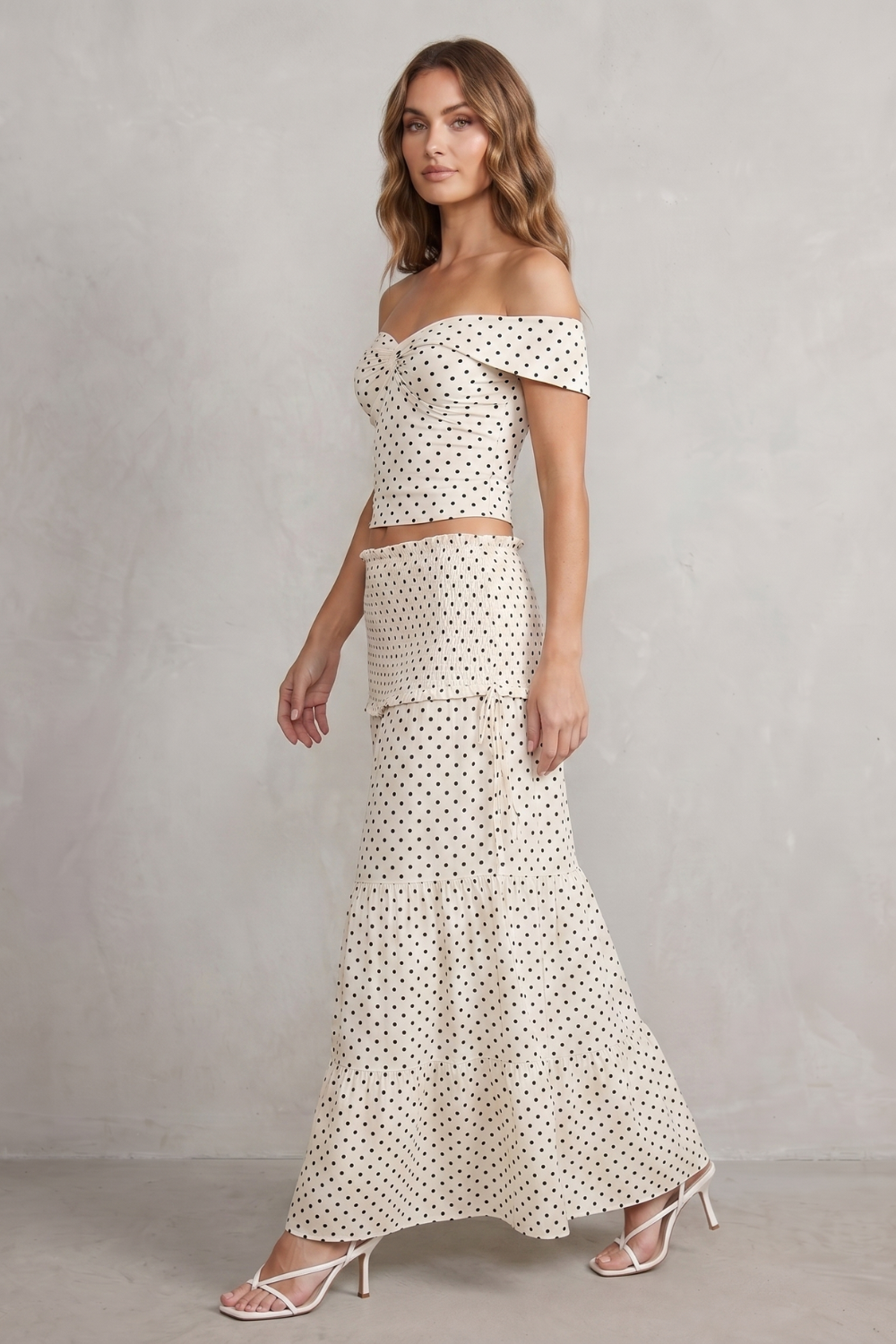 Detail close-up of the off-shoulder neckline and polka dot print