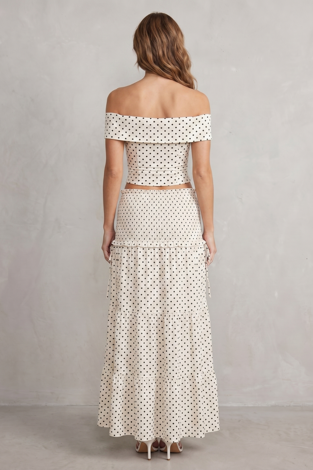 White colorway, full-length view of the ruched maxi skirt set