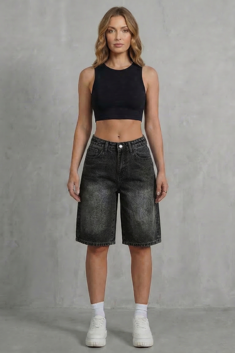 Women's High Rise Denim Shorts in Vintage Wash - Adelise