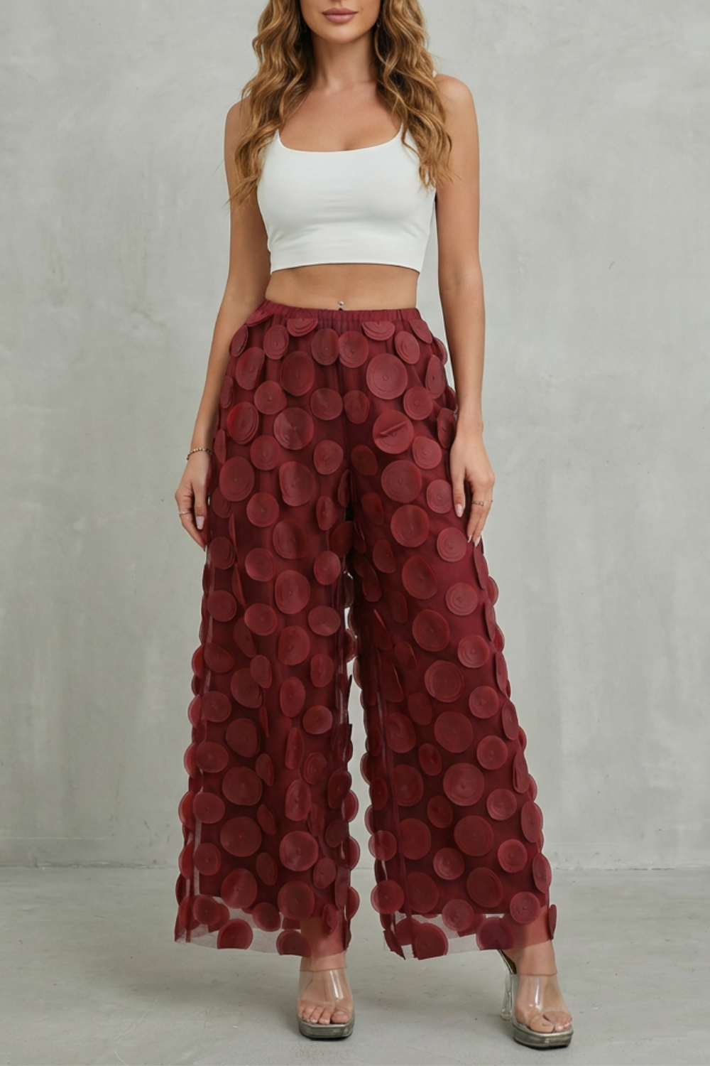 Women's Wide Leg Pants with 3D Appliqué - Rubienne