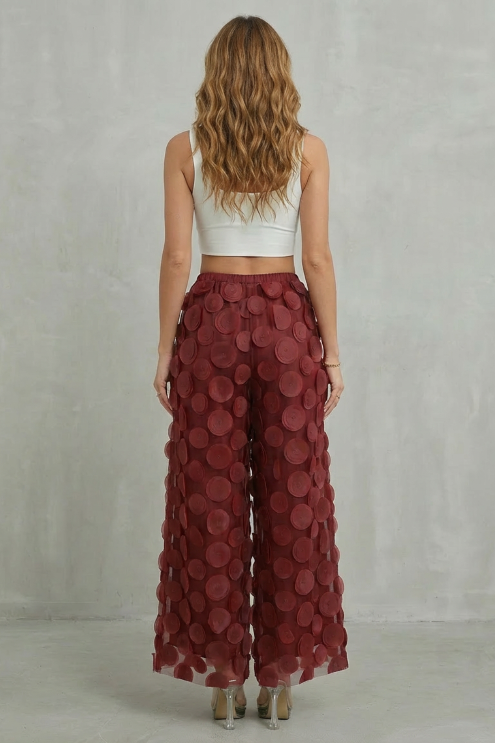 Women's Wide Leg Pants with 3D Appliqué - Rubienne