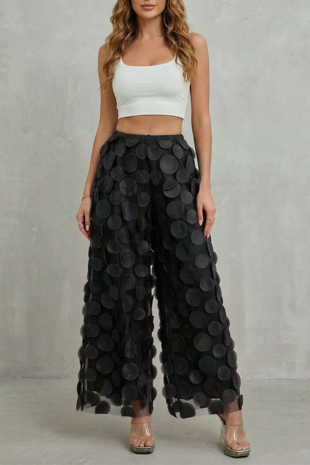 Women's Wide Leg Pants with 3D Appliqué - Rubienne