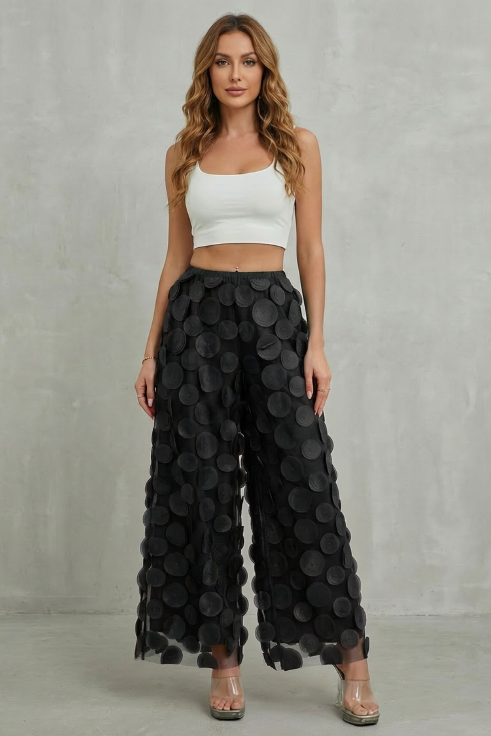Women's Wide Leg Pants with 3D Appliqué - Rubienne