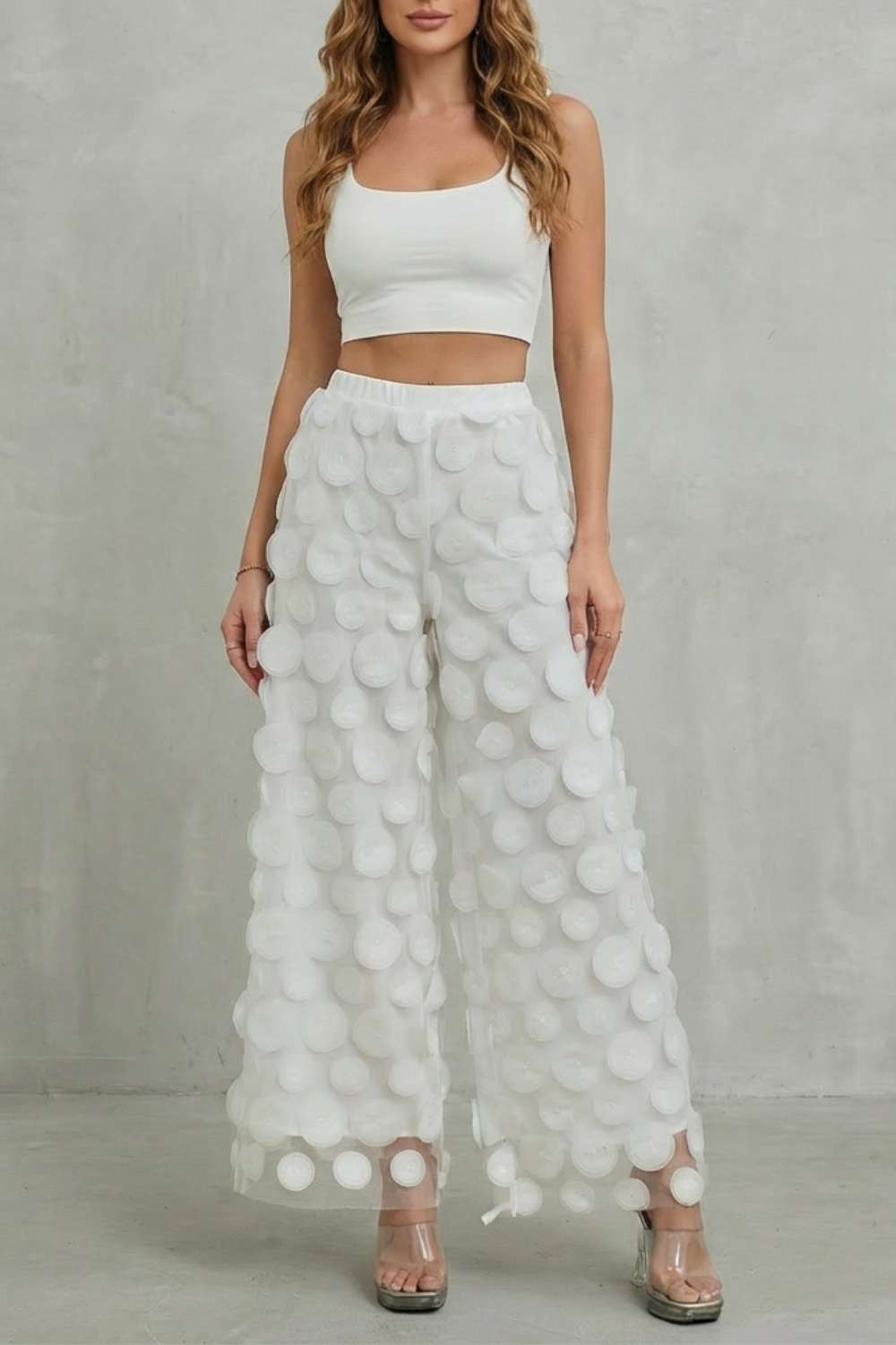 Women's Wide Leg Pants with 3D Appliqué - Rubienne