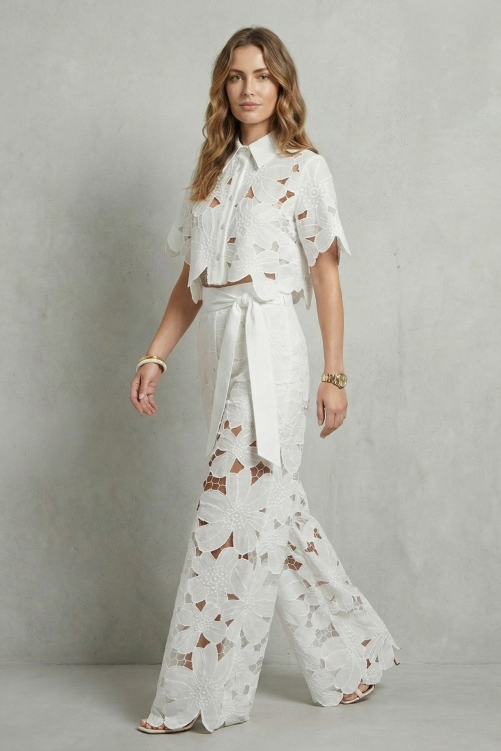 Back view of the embroidered lace top and skirt set