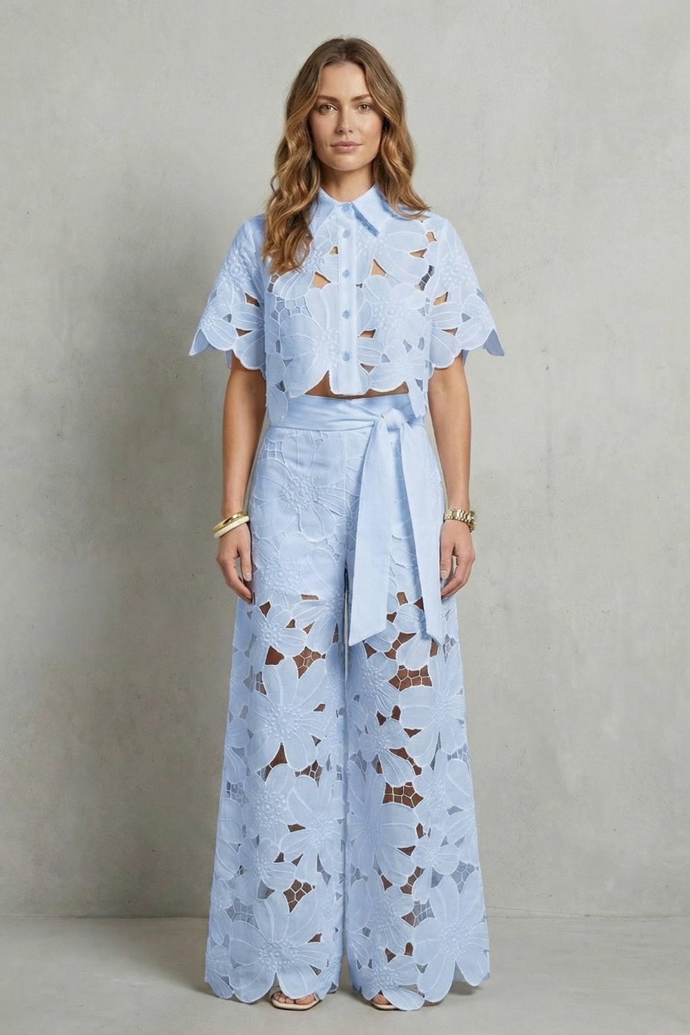 White colorway of the embroidered lace top and skirt set, full-length view