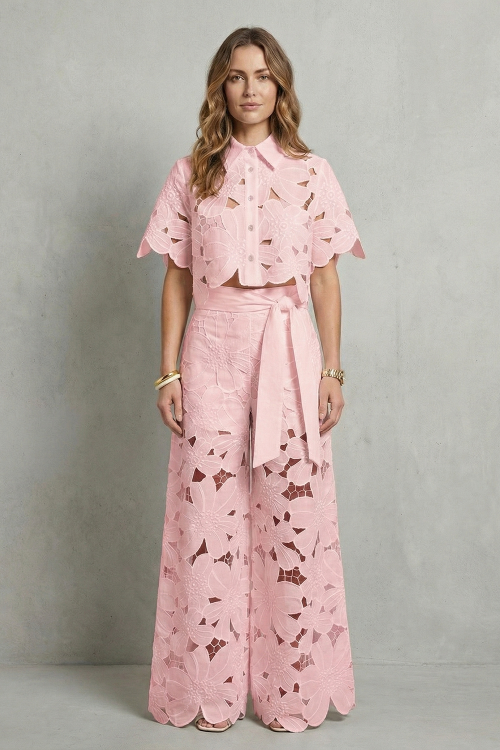 Pink colorway of the embroidered lace top and skirt set, full-length view