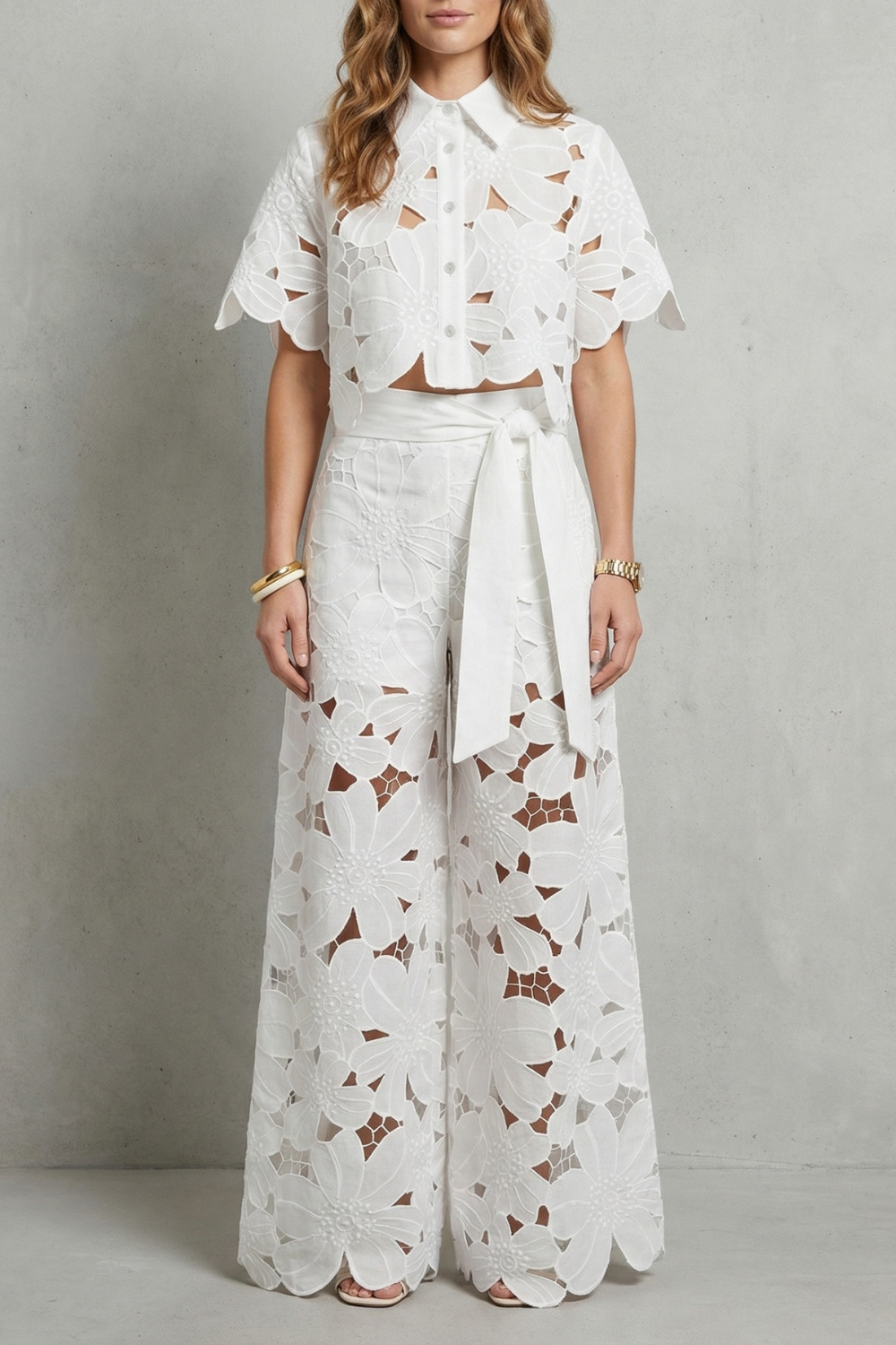 Women's embroidered lace top and skirt set, front view