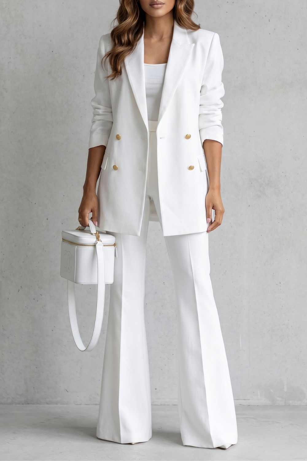 Women's double-breasted blazer and wide-leg pants suit set, front view