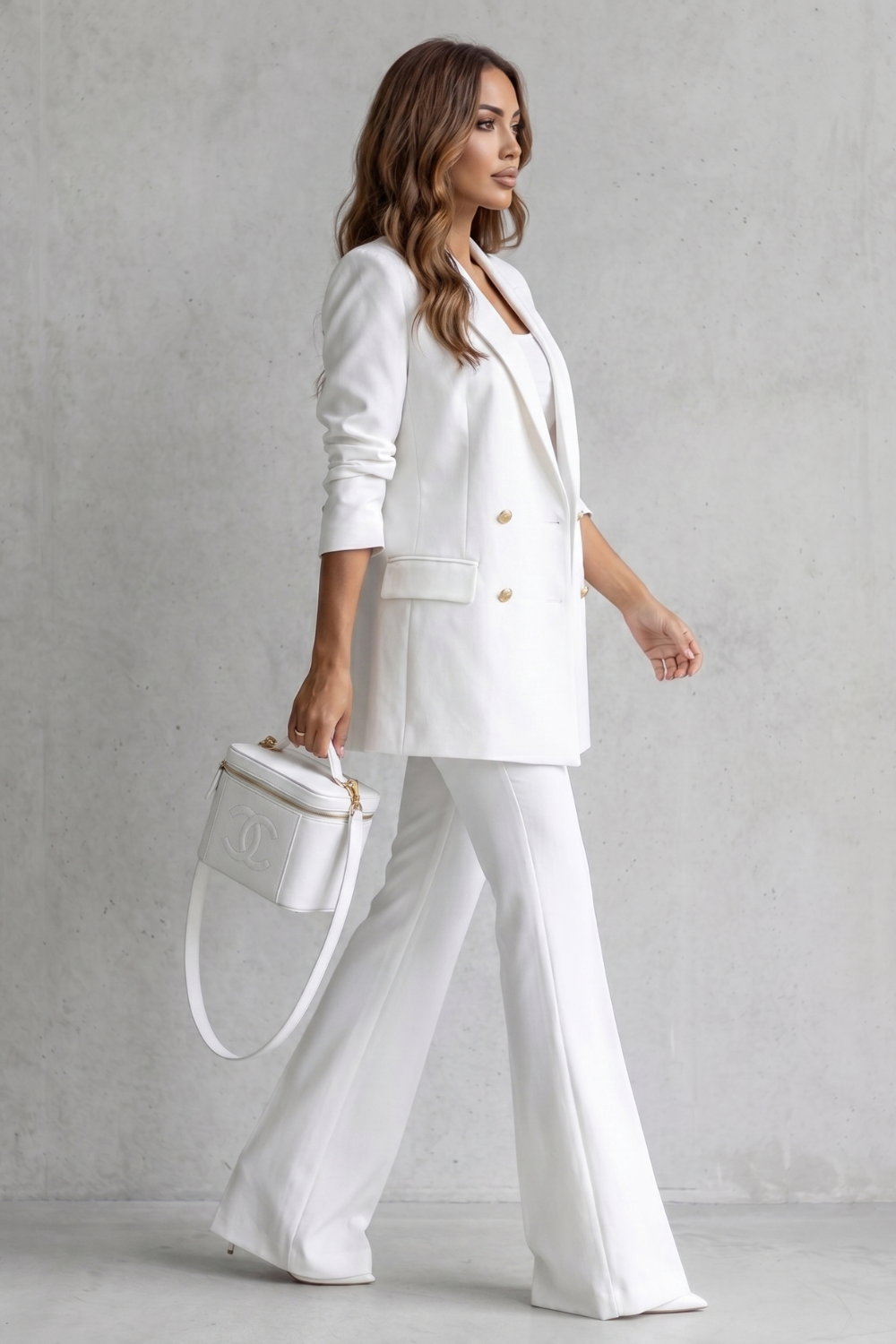 Back view of the tailored blazer and wide-leg suit pants