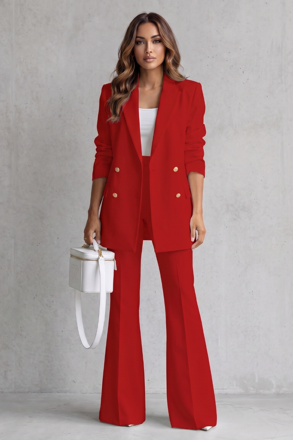 Black colorway of the double-breasted blazer and wide-leg pants suit set