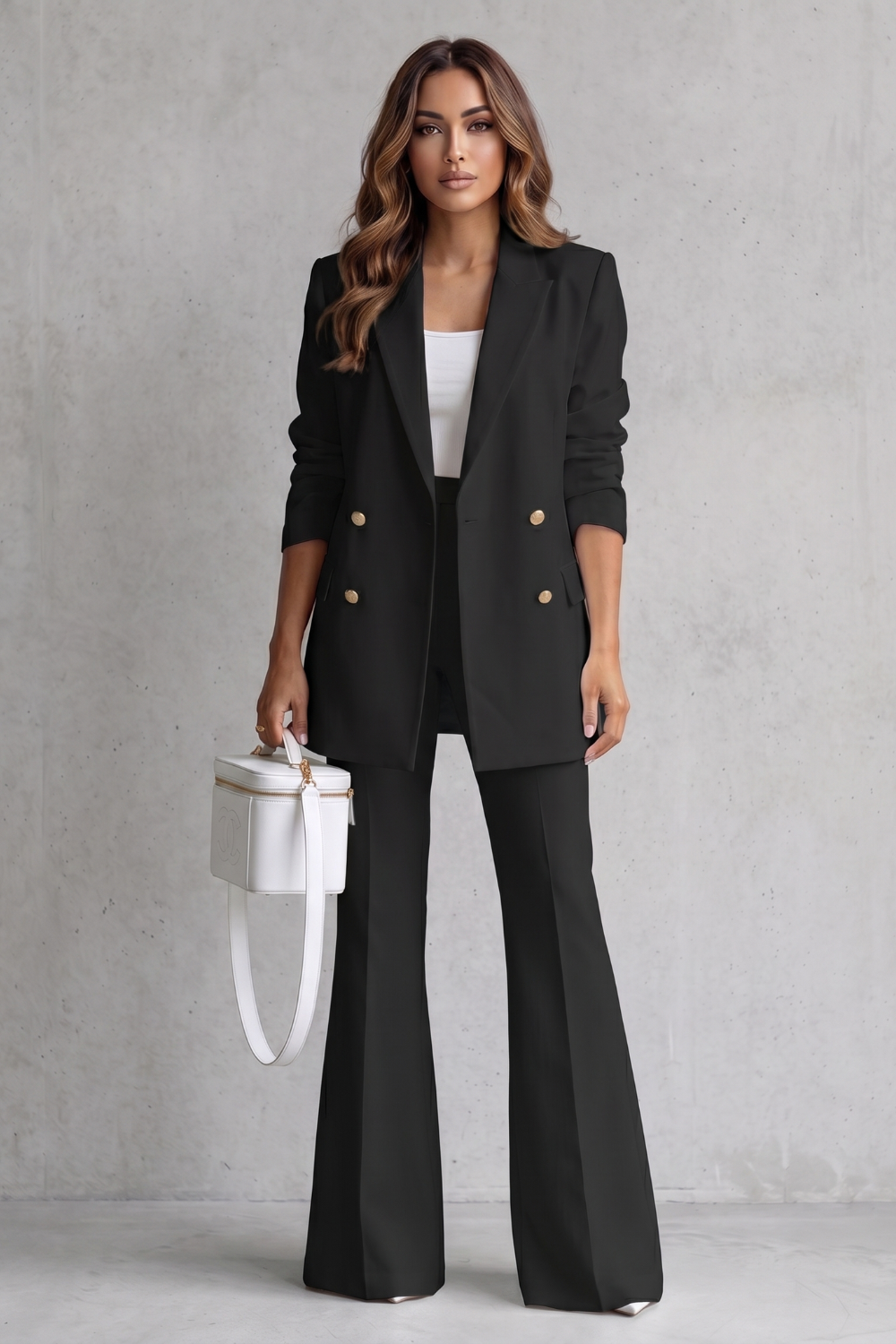 Close-up of the wide-leg pants hem and drape