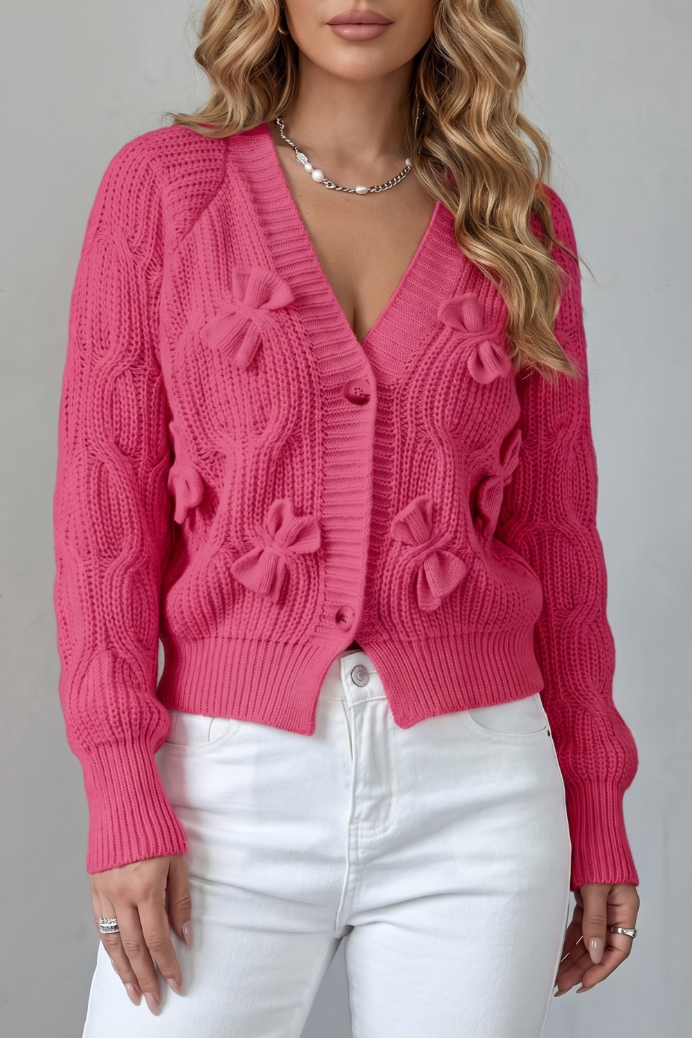 Women's Knit Bow Cardigan with Button Front - Suvienne