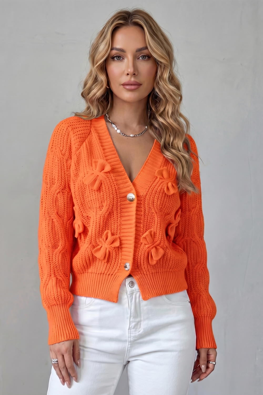 Women's Knit Bow Cardigan with Button Front - Suvienne