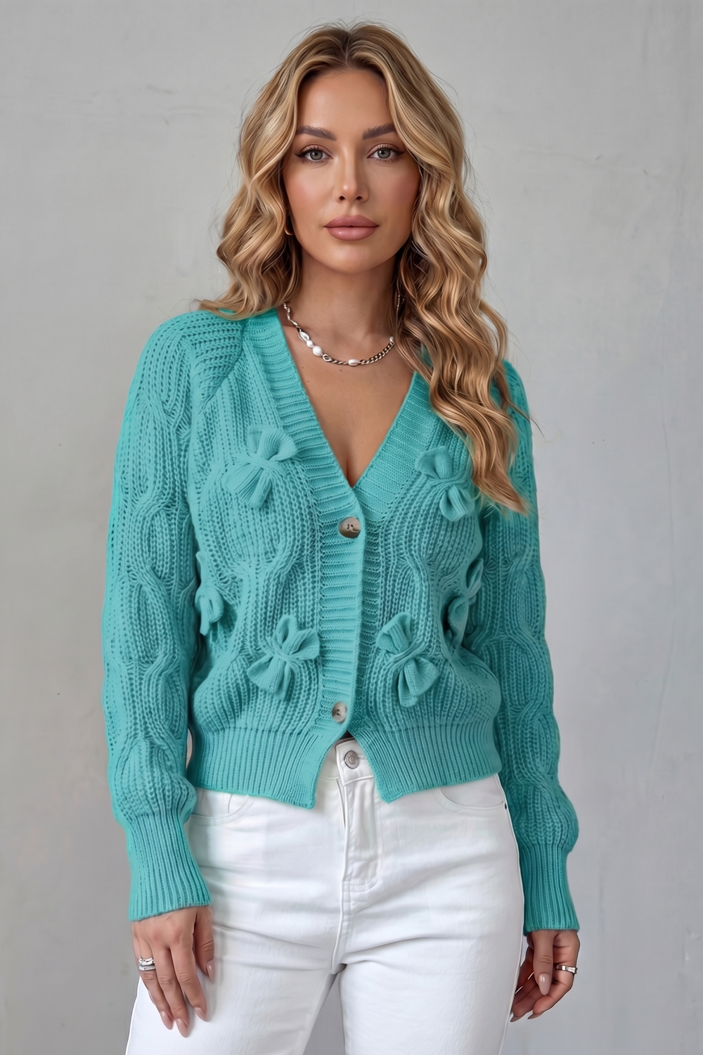 Women's Knit Bow Cardigan with Button Front - Suvienne