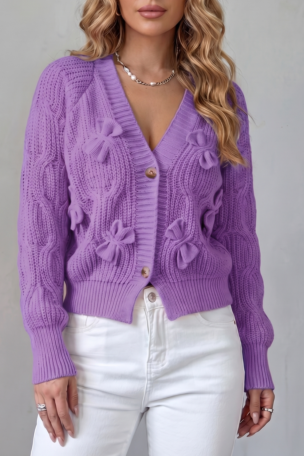 Women's Knit Bow Cardigan with Button Front - Suvienne