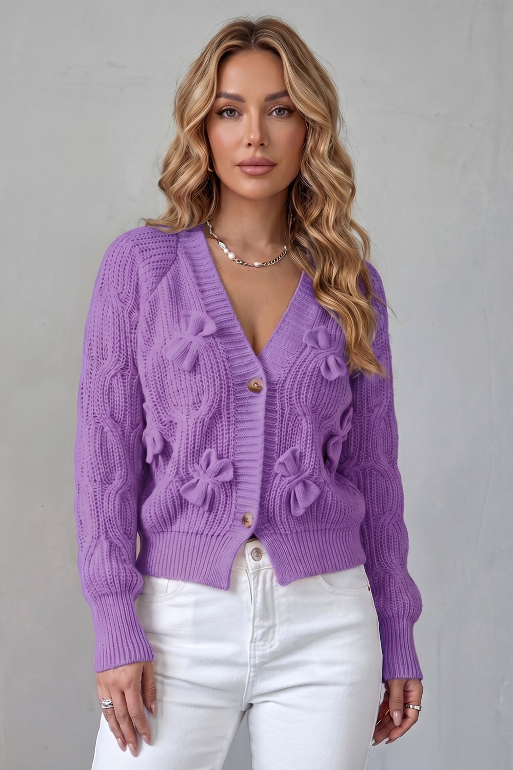 Women's Knit Bow Cardigan with Button Front - Suvienne