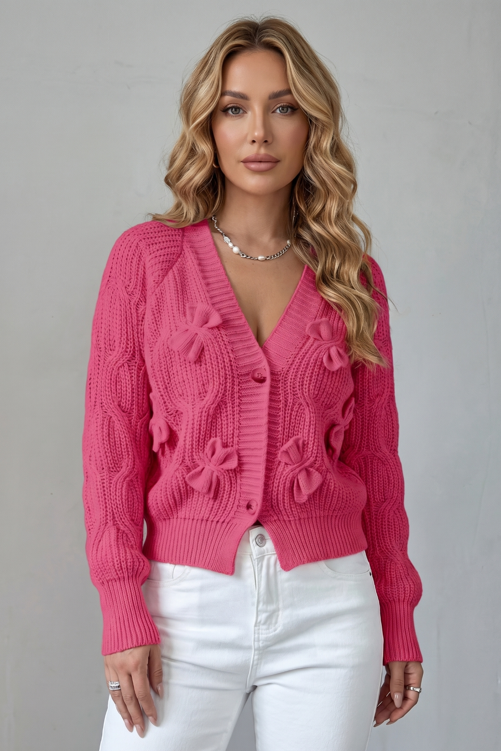 Women's Knit Bow Cardigan with Button Front - Suvienne