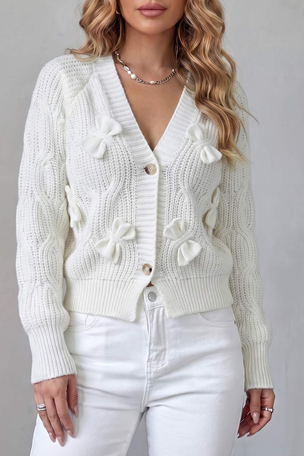 Women's Knit Bow Cardigan with Button Front - Suvienne