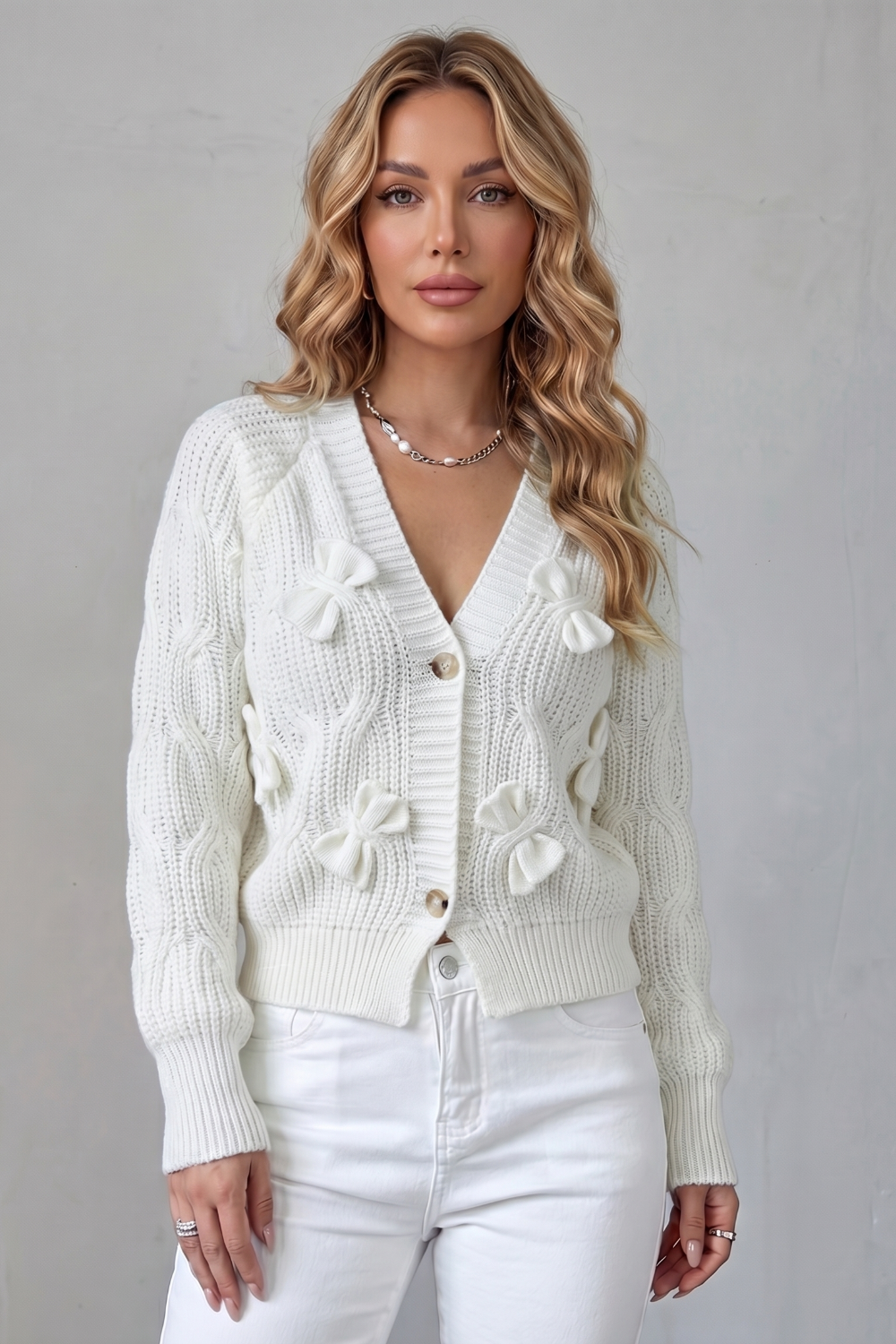 Women's Knit Bow Cardigan with Button Front - Suvienne