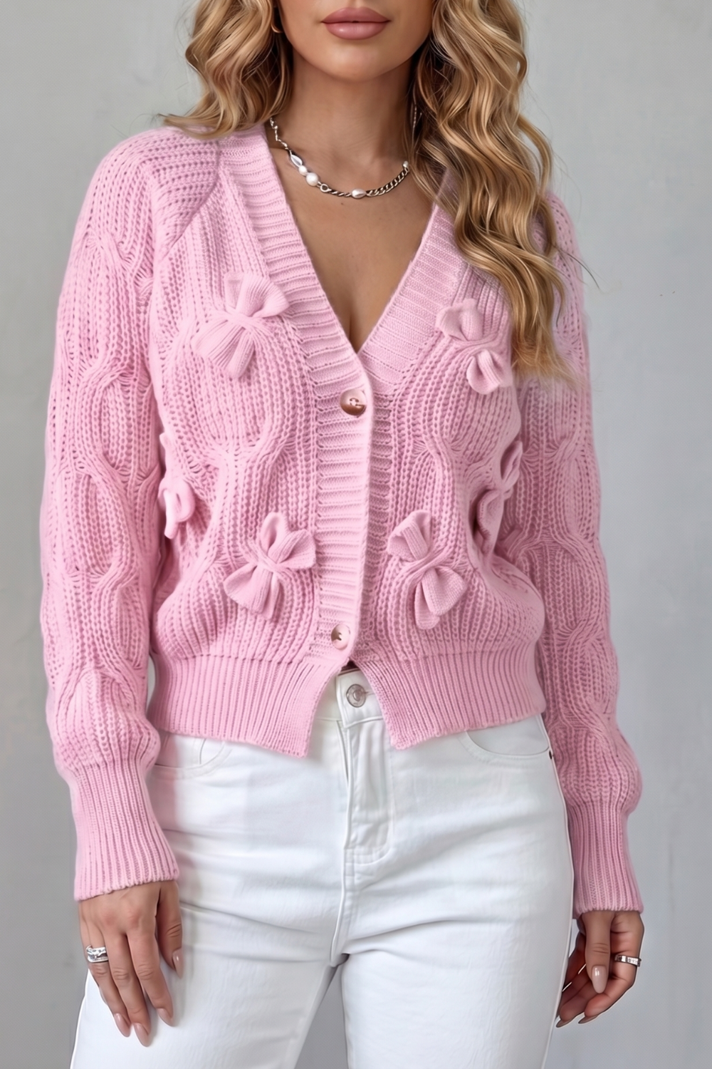 Women's Knit Bow Cardigan with Button Front - Suvienne