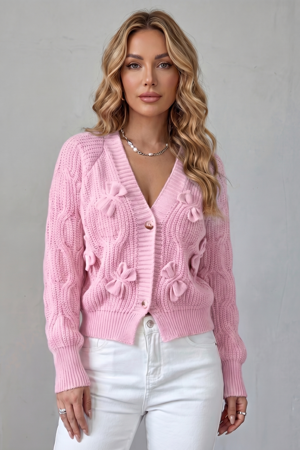 Women's Knit Bow Cardigan with Button Front - Suvienne