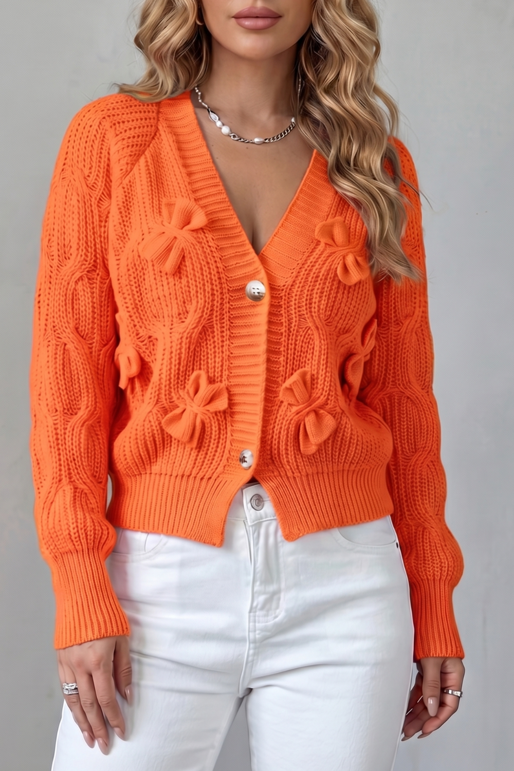 Women's Knit Bow Cardigan with Button Front - Suvienne