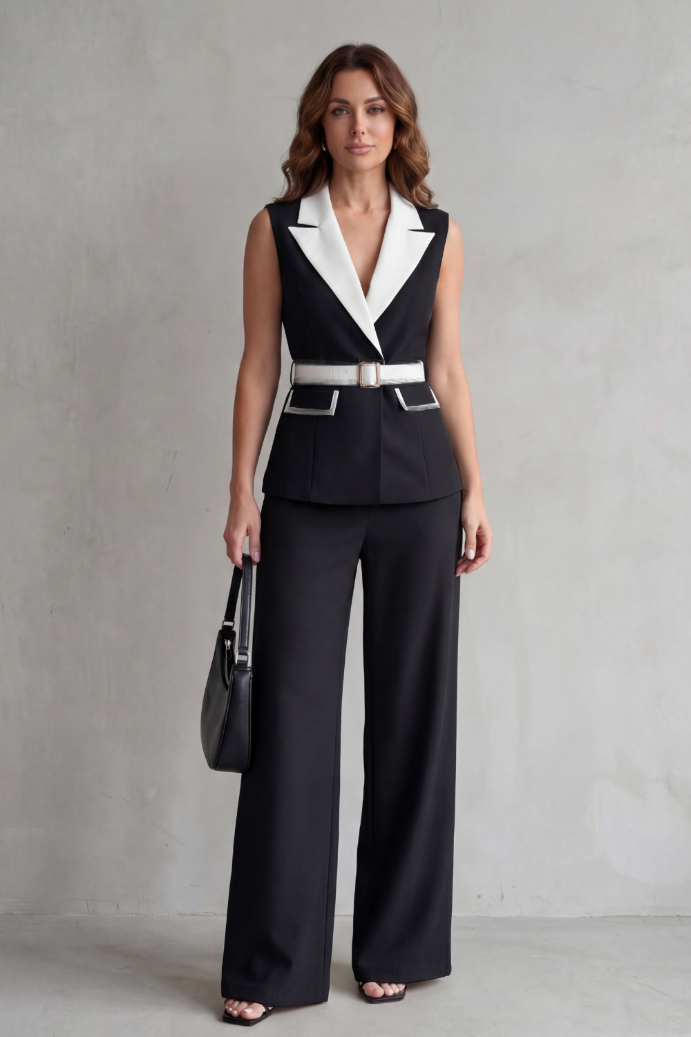 Black colorway of the sleeveless blazer suit set styled with pointed heels