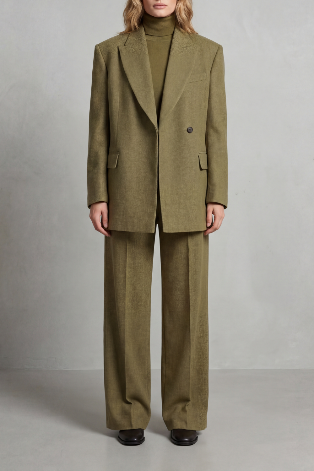 Women's tailored blazer and wide-leg pants suit set, front view