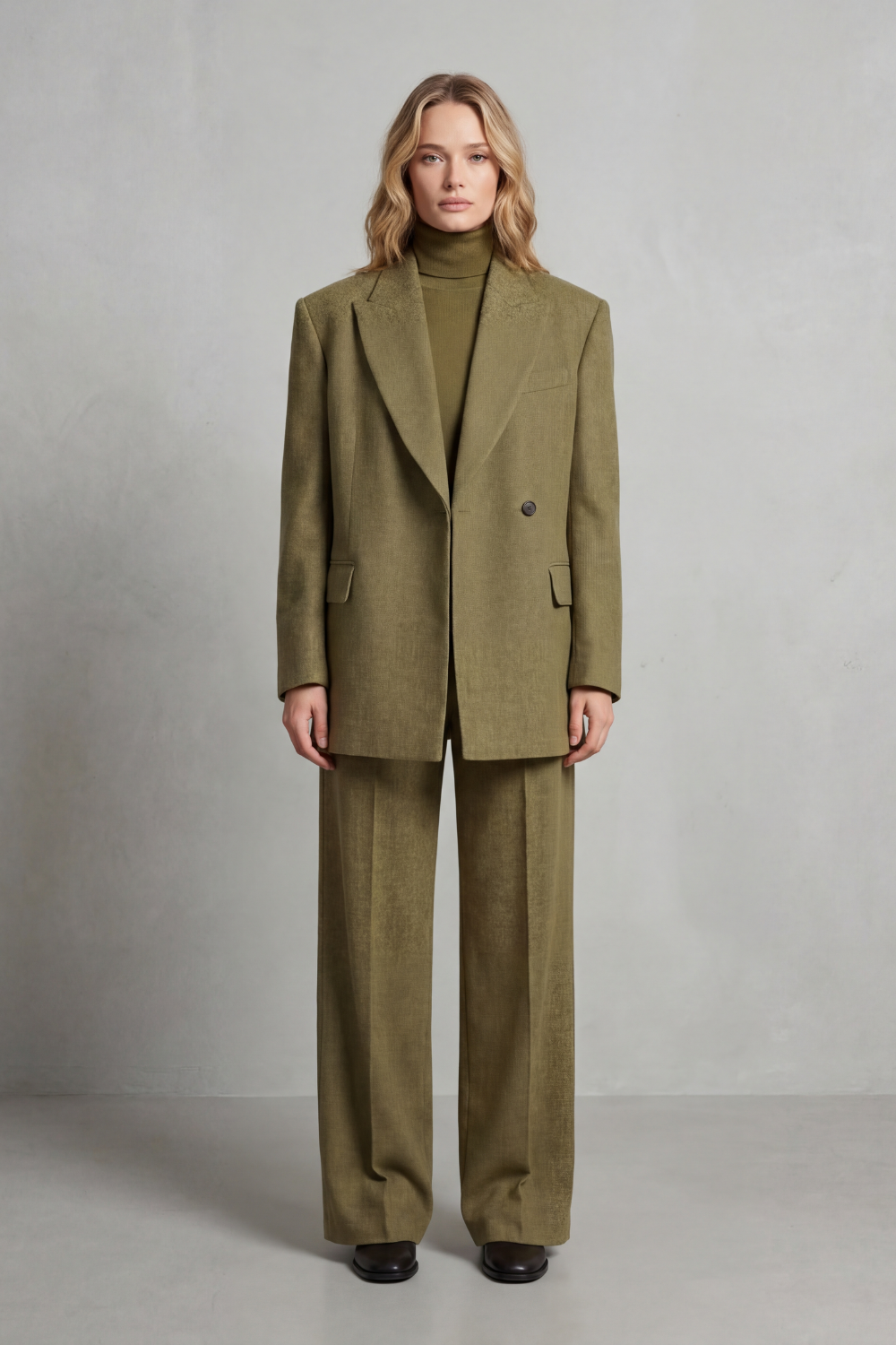 Side view of the structured blazer and wide-leg pants suit set