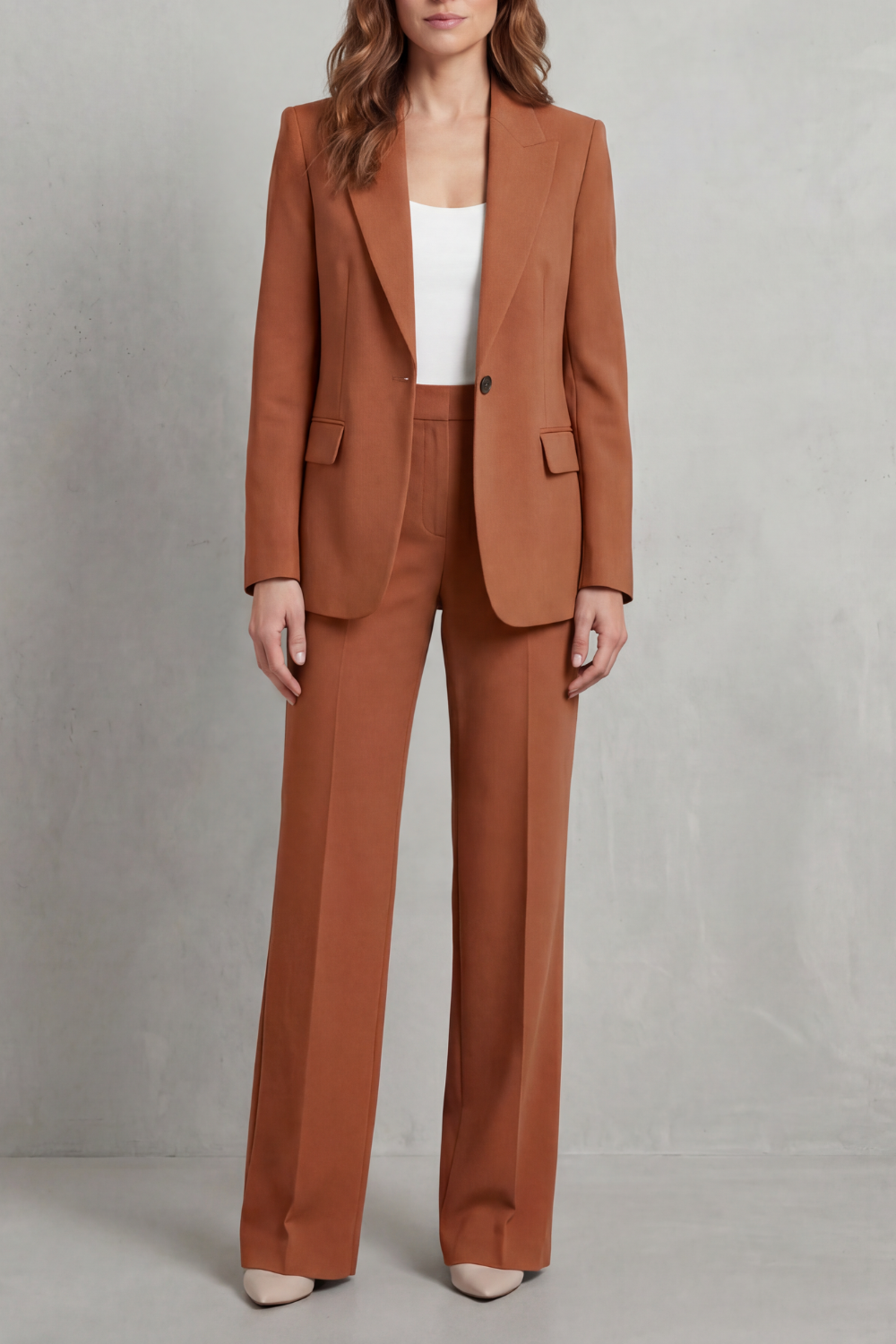 Beige colorway of the tailored blazer and pants suit set, full-length view