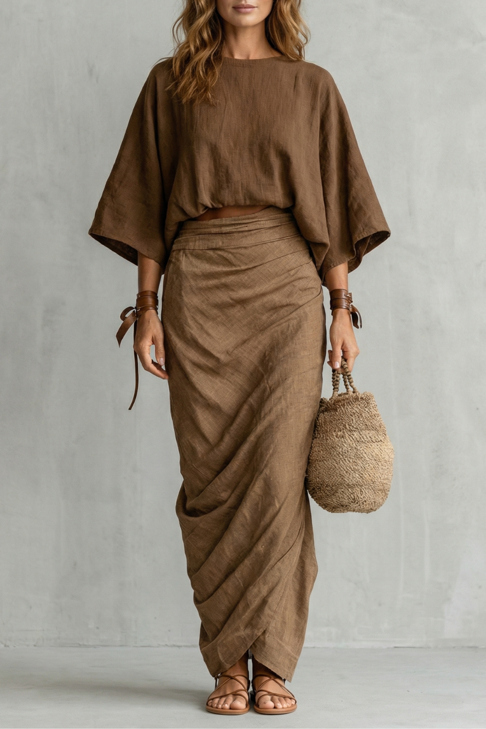 Women's batwing sleeve top and draped maxi skirt set, front view