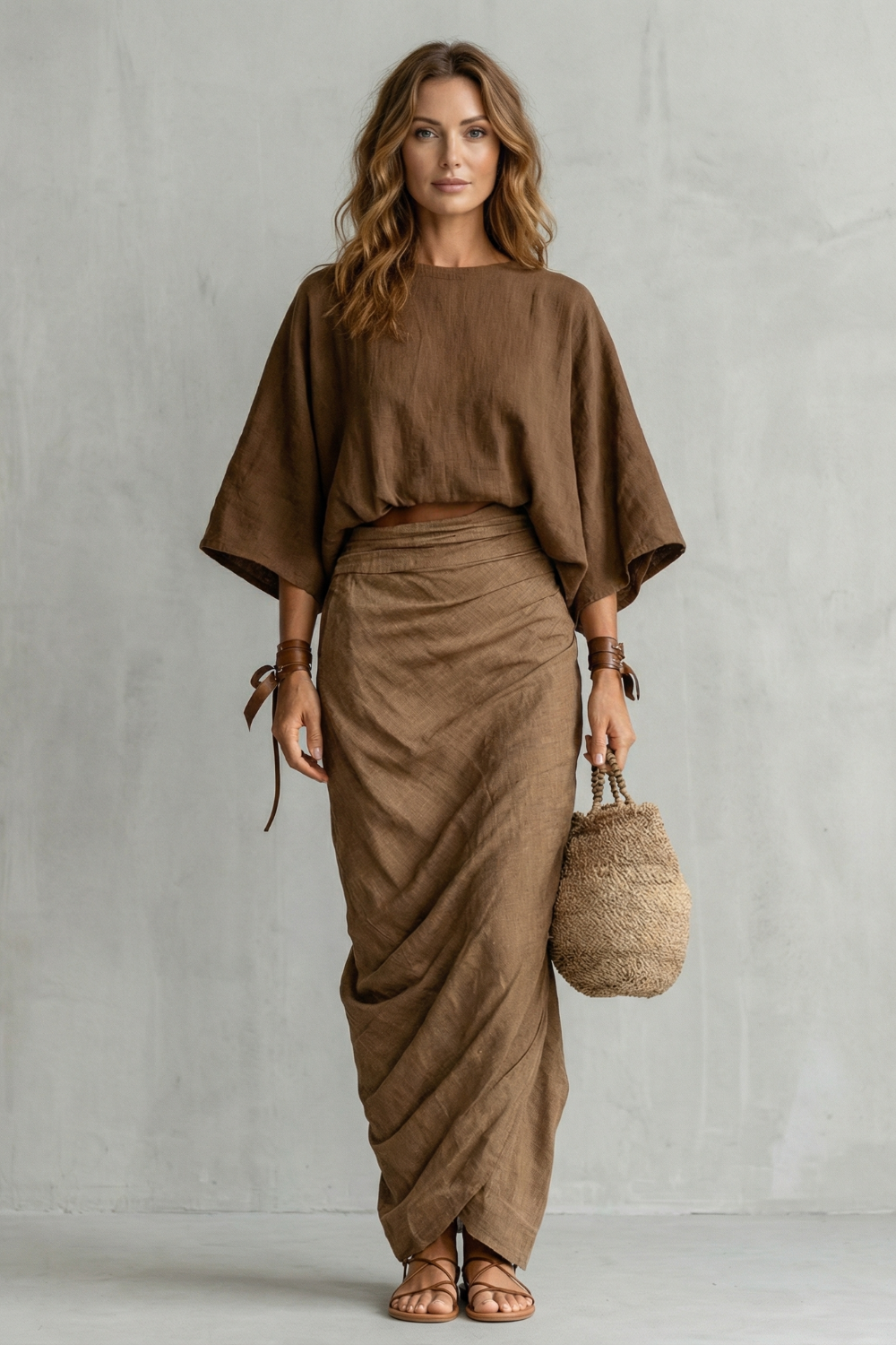 Side view of the draped batwing top and flowing long skirt