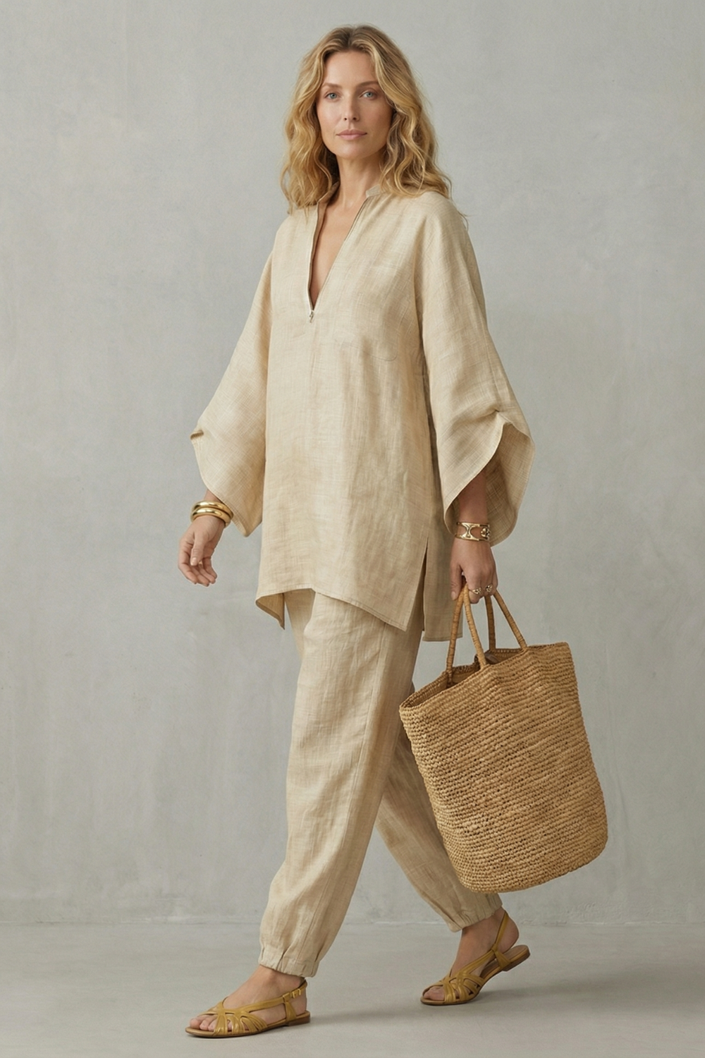 Detail close-up of the asymmetrical hem and relaxed wide sleeve