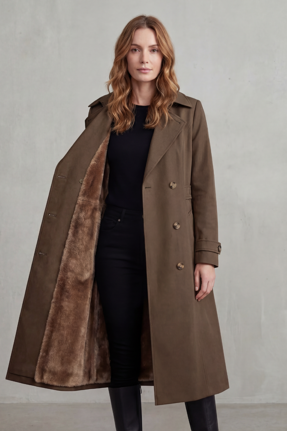 Women's Double-Breasted Winter Coat with Faux Fur Lining - Carletta