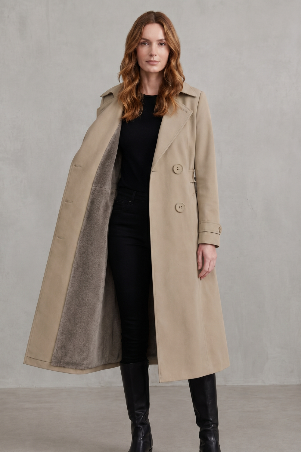 Women's Double-Breasted Winter Coat with Faux Fur Lining - Carletta